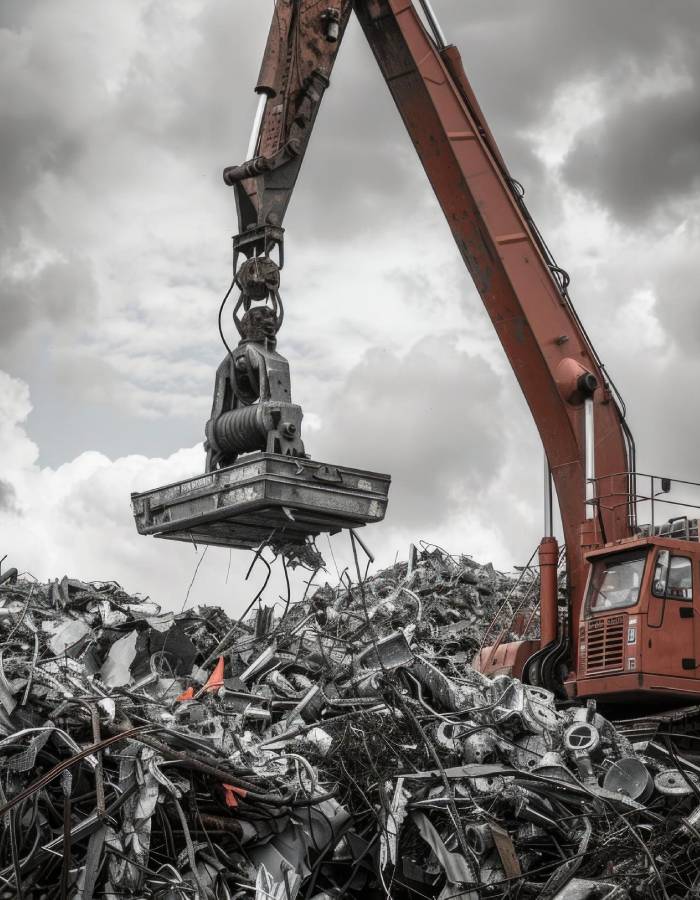 Grue manipulant des déchets métalliques dans un centre de récupération